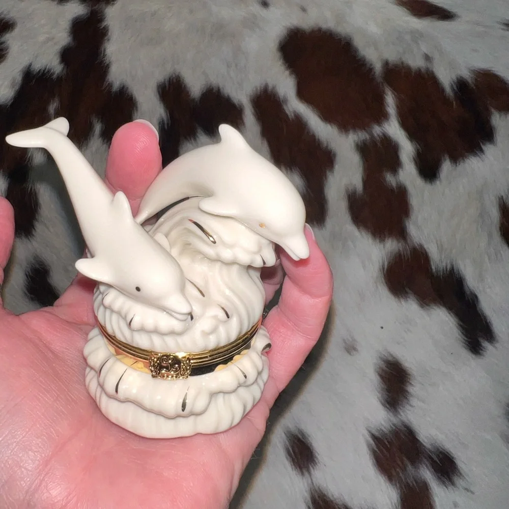 Lenox Playful Pair Dolphin Trinket Box OS Cream Excellent Gold Trim Hinged China